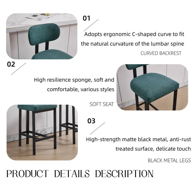 Bar Stools Set of 2, 26 inch Modern Upholstered Fabric Counter Height Barstools, Kitchen Island Chairs for Dining Room