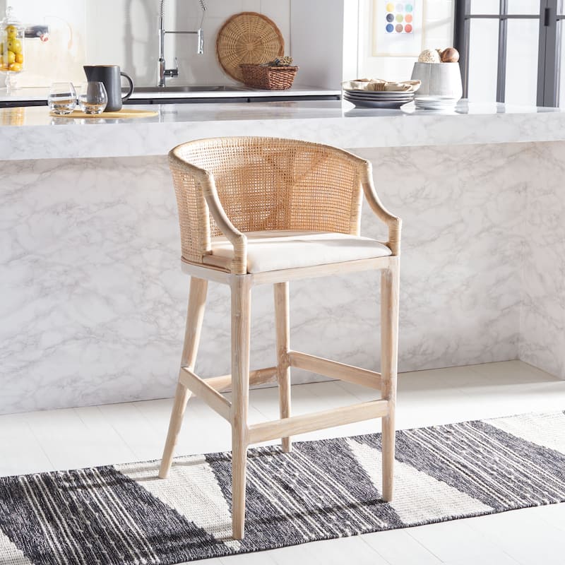 SAFAVIEH Brando Solid Wood Rattan 30-inch Seat Height Bar Stool (Fully Assembled) - 22.3" W x 20.5" L x 39" H