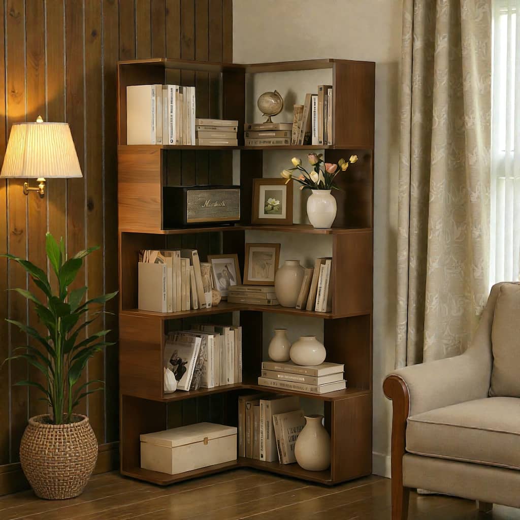 6 Tier Corner Bookshelf, 66 Inch Tall L Shaped Corner Bookcase with Baffle, Freestanding Open Shelf Unit