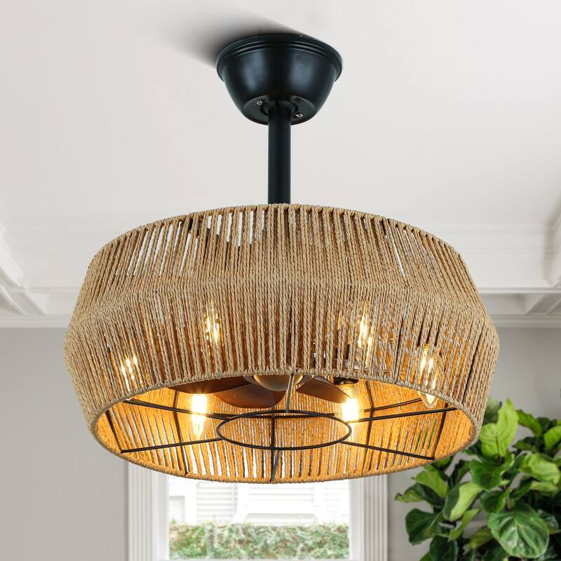 Bella Depot 18" Rope-Woven Ceiling Fan with Light and Remote Control, 6-Speed Reversible DC Motor Fan - 18 Inches