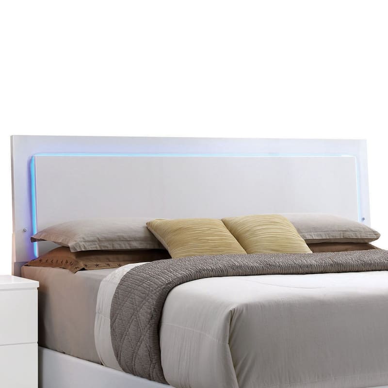 White Queen Bed with LED Light Headboard - Adjustable Illumination, Sturdy Wooden Slats