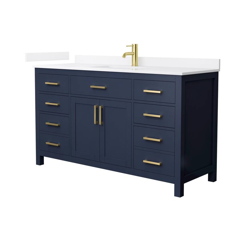 Wyndham Collection WCG2424-60S-QTZ-UNSMXX Beckett 60" Free Standing - Dark Blue / White Quartz Top / Brushed Gold