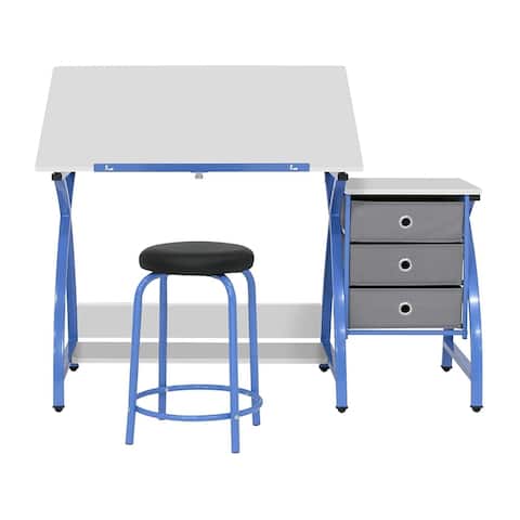 Offex 2 Pc Venus Craft Table with Angle Adjustable Top & Stool - Blue