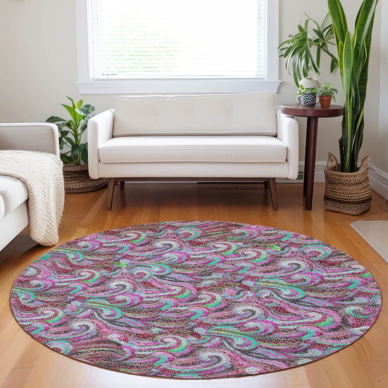 Premium Washable Super Soft Contemporary Mosaic Wave Mayfield Rug - Raspberry - 8' x 8' - Round