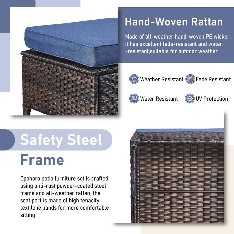 Outdoor Patio Footstool Ottomans with Cushion Brown-Blue - Brown