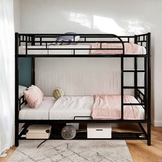 Luxury Twin over Twin Metal Bunk Bed with Shelf and Guardrails, Save Space or Separate into 2 Beds, Maximized Space