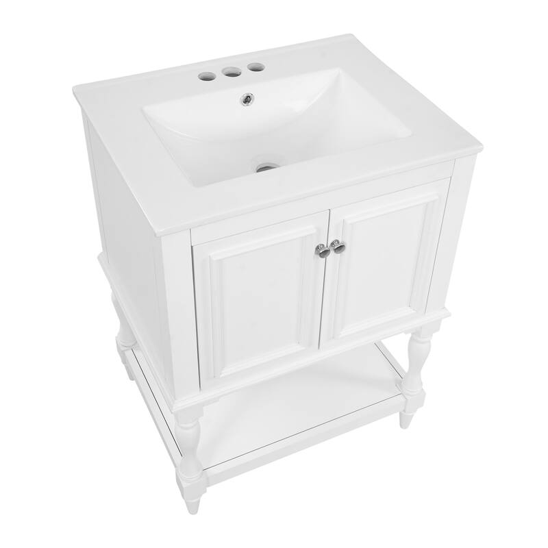 24 inch Modern Luxury Bathroom Vanity with Ceramic Sink, Bathroom Cabinet with Open Shelf and Closed Storage