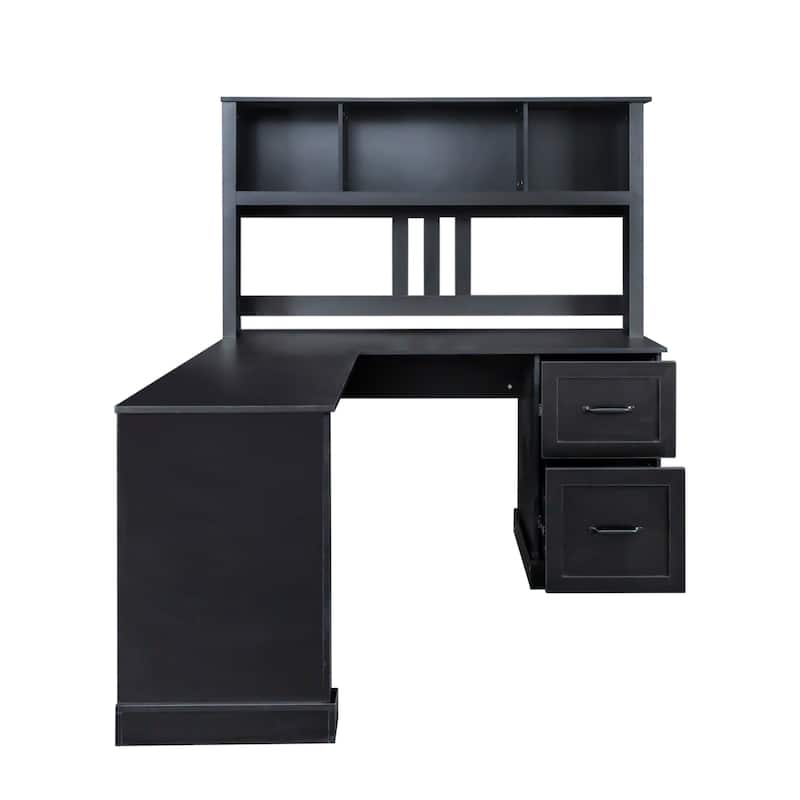Anmytek Black L Shaped Desk with Hutch and Drawers Corner Computer Workstation for Home Office Gaming
