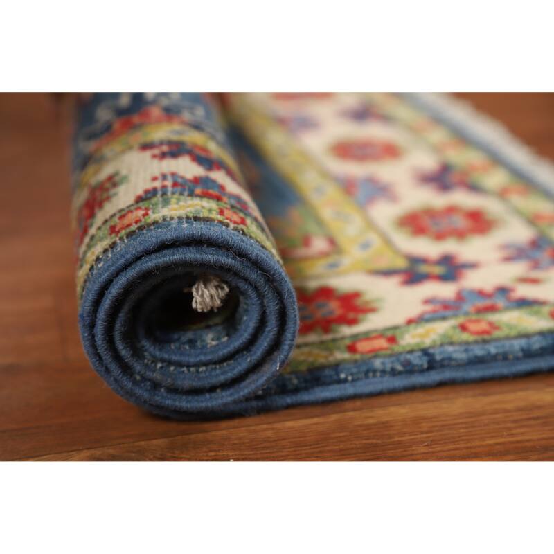 Blue Geometric Kazak Oriental Foyer Rug Hand-Knotted Wool Carpet - 2'0"x 3'0" - 2'0"x 3'0" - Blue