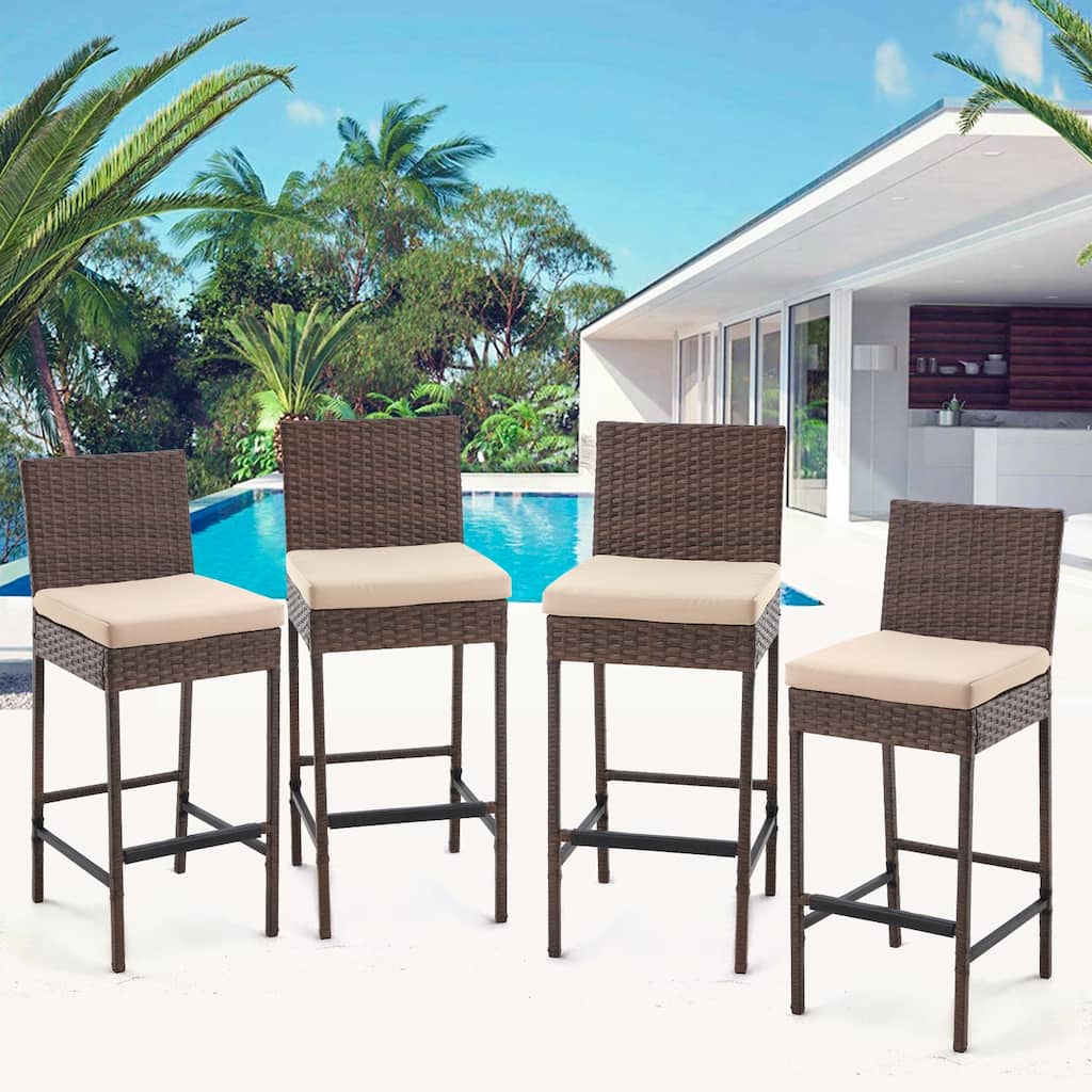 AVAWING Outdoor Wicker Barstools Patio Rattan Bar Height Chairs Set of 4