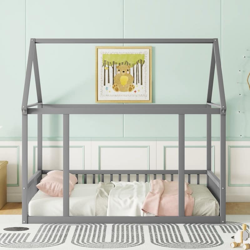 House Floor Bed with House Roof Frame and Safety Guardrails, Twin/Full Size Wooden Floor Montessori Bed House Bed for Kids