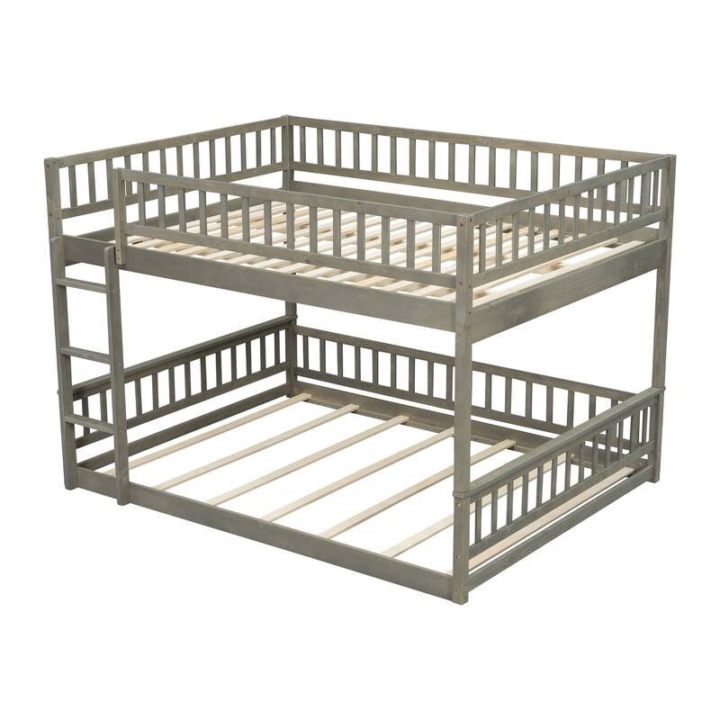 Bunk Bed Frame with Ladder and Guardrails, Detachable Design Wooden Bunk Bedframe into 2 Separate Platform Beds