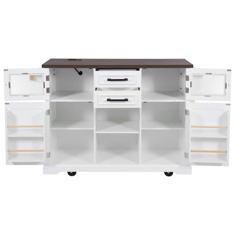 54.9" Kitchen Island with Drop Leaf, Power Outlet, Rolling Wheels, and Storage Racks - 54.9'' x 29.5'' x 36''