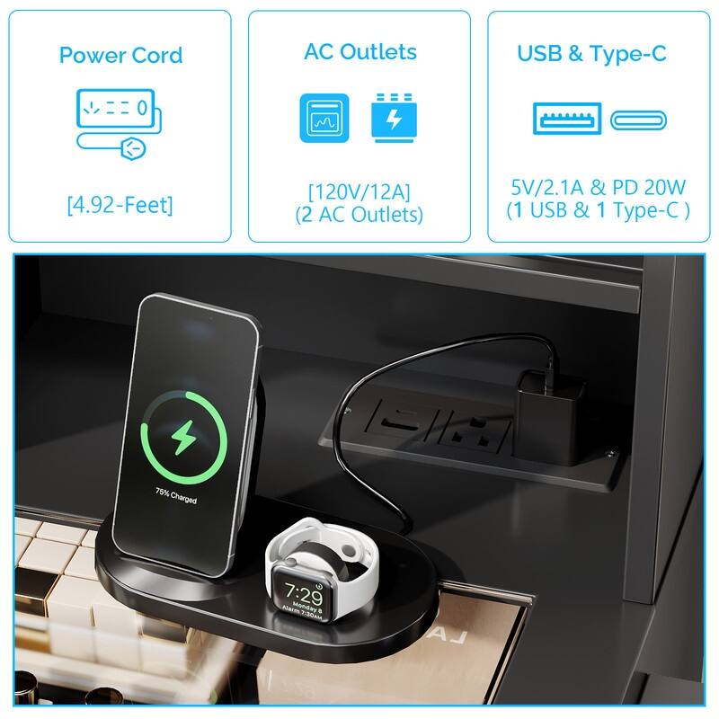 Particle Board Veneered, 2-drawer 3-compartment Left-right 3-tier Shelf, Glass Tabletop, Side Panel Storage Style Dressing Table