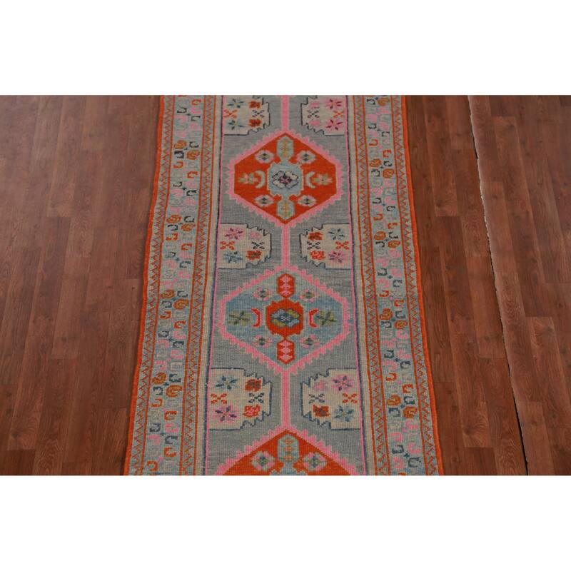Hand Knotted Oriental 100% Wool Carpet Transitional Geometric Navy Blue & Blues Oushak Runner Rug - 14' 4'' X 3' 1''