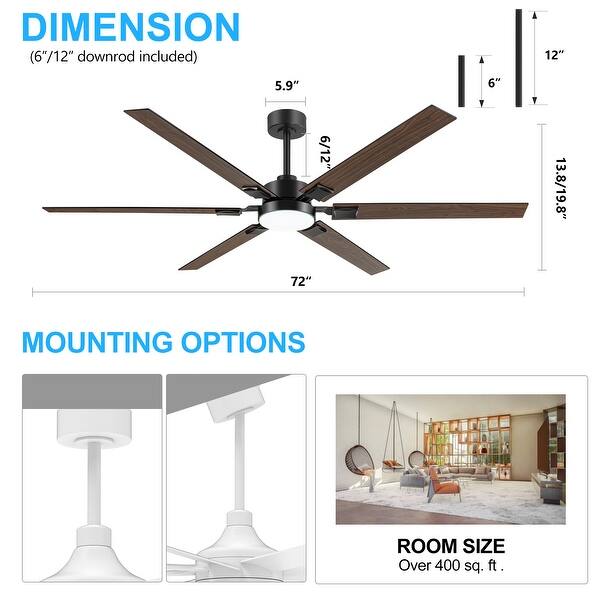 Large 72 Inch 6-Blade Integrated LED Ceiling Fan with Light Remote and Downrod