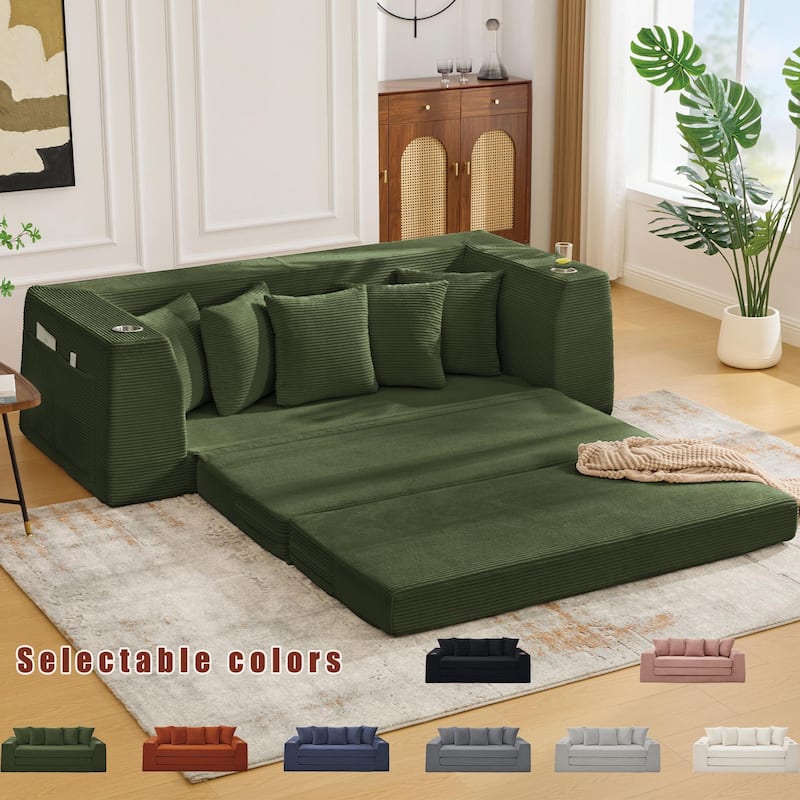 2 in 1 Convertible Sofa Bed, Sleeper Sofa with Storage Pockets, Pull Out Loveseat Couch with Two Cup Holders - Green