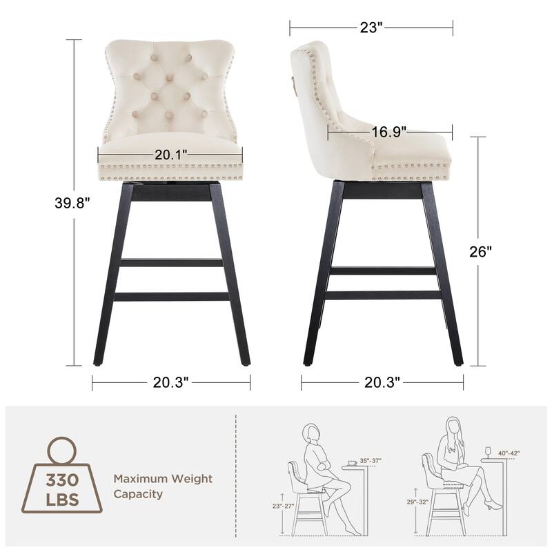 26"/30" Velvet Upholstered Swivel Counter or Bar Height Stools, Set of 4