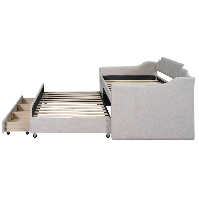 Twin Size Upholstered Daybed with Trundle and Three Drawers in Beige