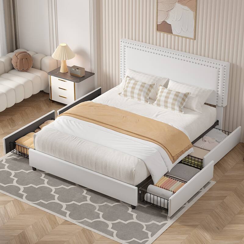 Modern Upholstered Bed Frame with 4 Storage Drawers, Platform Fabric Bed with Button Tufted Headboard