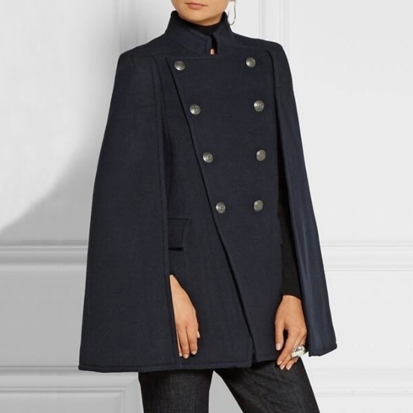 Women Wool Cape Coat Double Breasted Coat - Navy. Opens flyout.