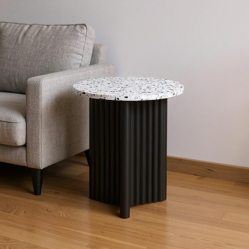 HomeRoots 23" White and Black Faux Terrazzo and Wood Round Pedestal End Table - 18.11 in. x 19.76 in. x 18.11 in. - White - Faux Concrete