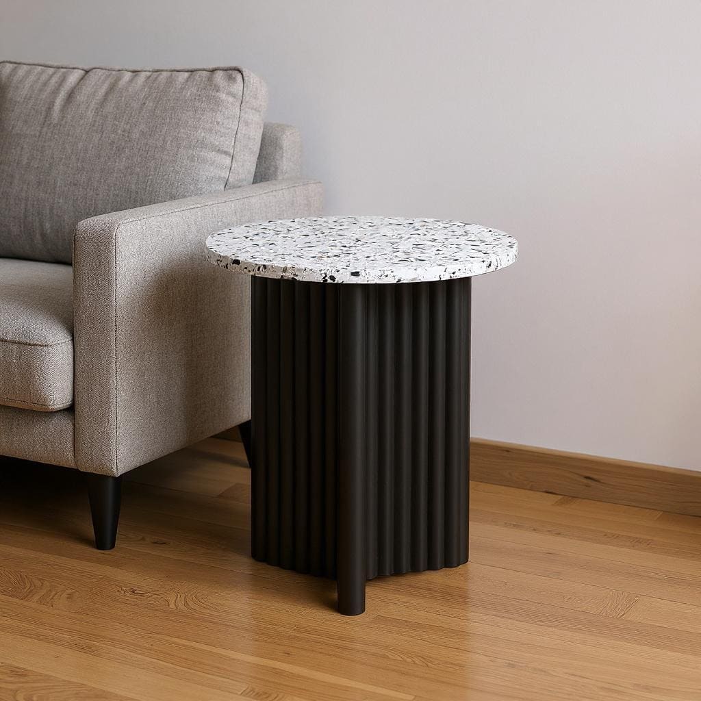 HomeRoots 23" White and Black Faux Terrazzo and Wood Round Pedestal End Table - 18.11 in. x 19.76 in. x 18.11 in.