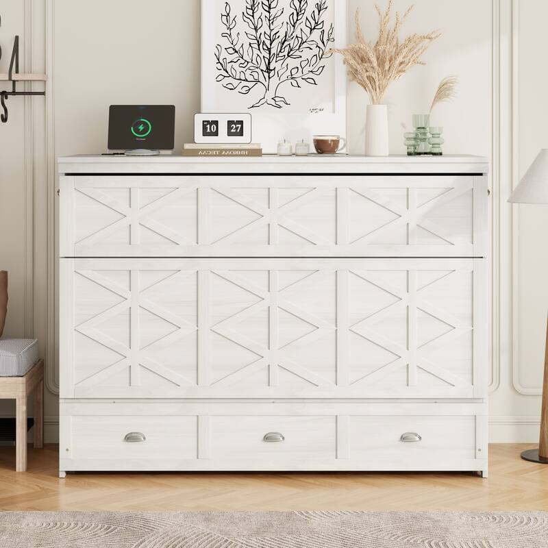 Queen Size Murphy Bed with Storage Drawers and USB Charging Vertical Cabinet Design - White