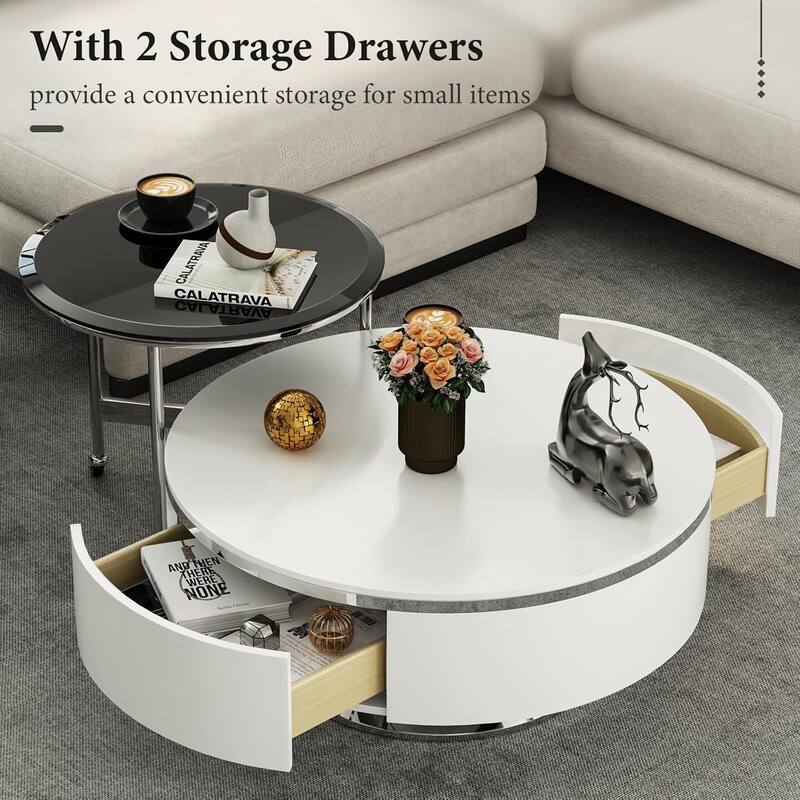 Nesting Coffee Table Set with End Table Round Coffee Table with 2 Storage Drawers