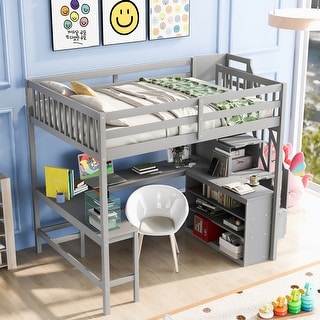 Gray Full Size Pine Wood Loft Bed with Built-in L-Shaped Desk and Three-Tier Storage Shelves, and Attached Storage Staircase