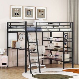 Full Loft Metal Bed with Shelves