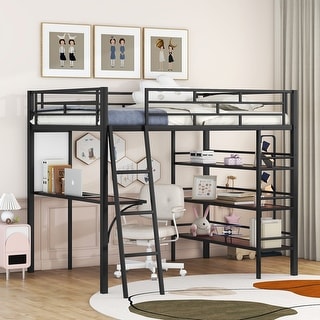 Full Size Metal Loft Bed with 3 Layers of Shelves and Desk, Modern Stylish Metal Frame Loft Bed with Whiteboard