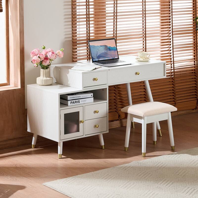 3-in-1 Vanity Desk with Lighted Flip-Top Mirror & Retractable Side Cabinet, Vanity Set with Stool & Storage Drawers