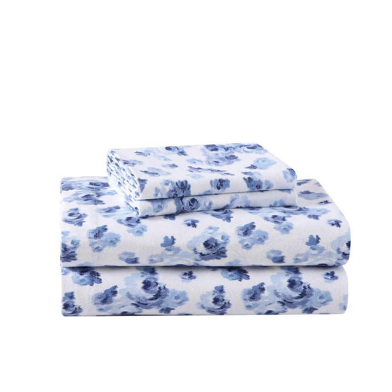 Laura Ashley Cotton Flannel Deep Pocket Sheet & Pillowcase Set - Emelisa Blue - King