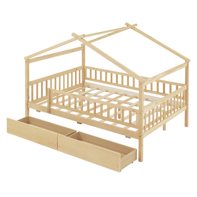 Full Size Wooden House Bed with Two Drawers, Natural Finish