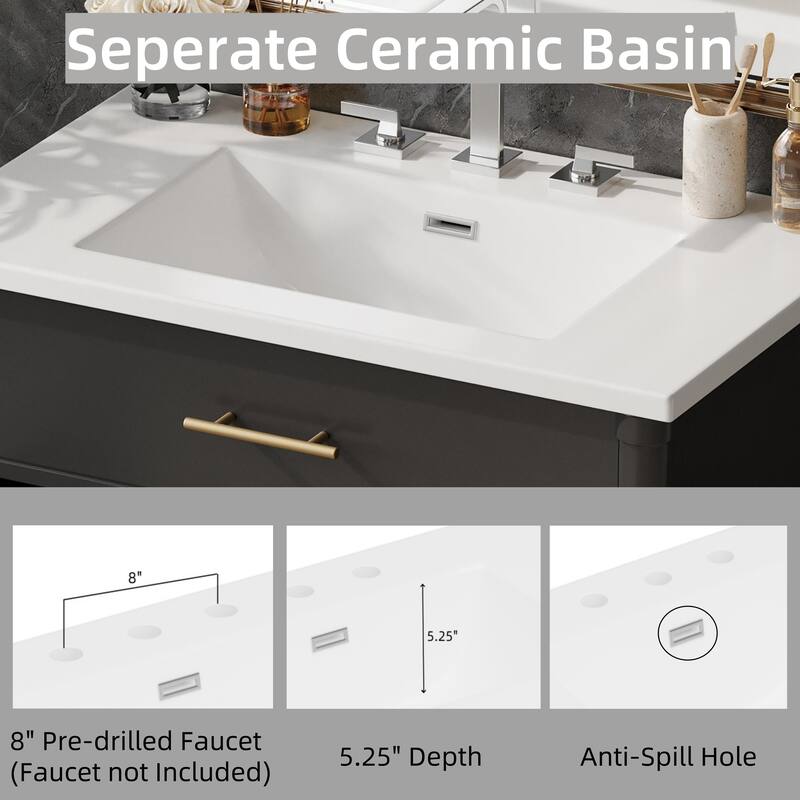31" Bathroom Vanity with Sink, Bathroom Cabinet with Soft Close Doors and Adjustable Shelf, Curved Profile Design