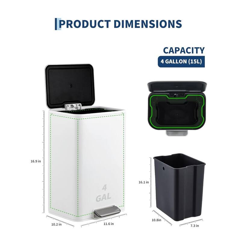 3.4-Gallon Rectangular Step Trash Can Stainless Steel with Soft-Close Lid and Removable Bucket White