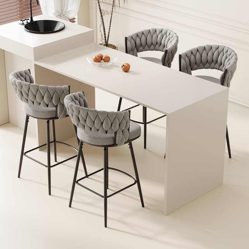 Swivel Bar Stools Set of 2, Upholstered Kitchen Island Chair with Woven Back, Counter Height Chair with Footrest