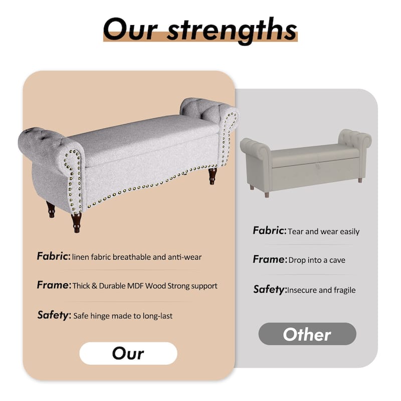 53 in Tufted Rolled Arm Storage Bench with Nailhead Trim