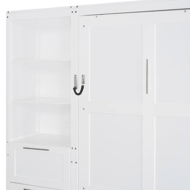 Queen Murphy Bed with Side Flip, Storage Cabinet, Wardrobe and Drawers, Foldable Wall Bed with Top Shelf and Under-Bed Storage