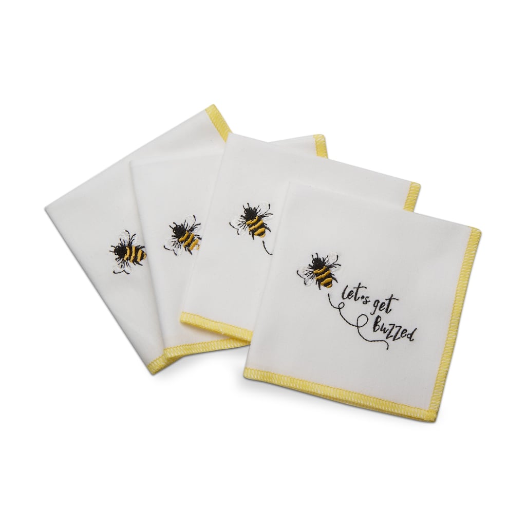 Lets Get Buzzed Cocktail Napkins Set of 4 White Cotton Everyday Kitchen Textiles Machine Wash 5x5 Inches