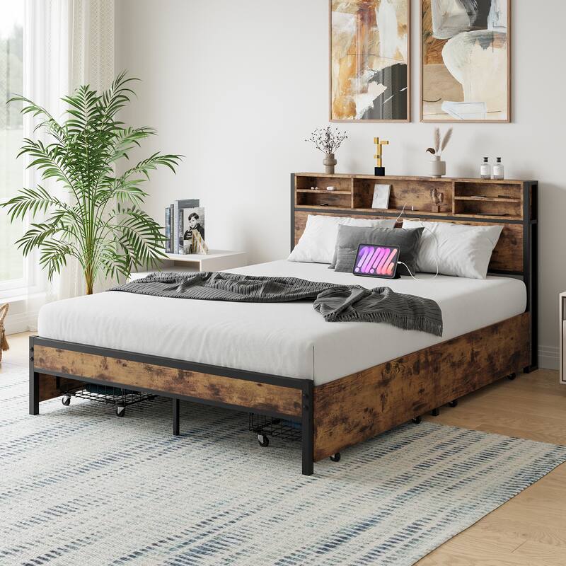 Queen Size Metal Platform Bed with Storage Drawers, Wooden Headboard, and Charging Station, Easy Assembly, Brown