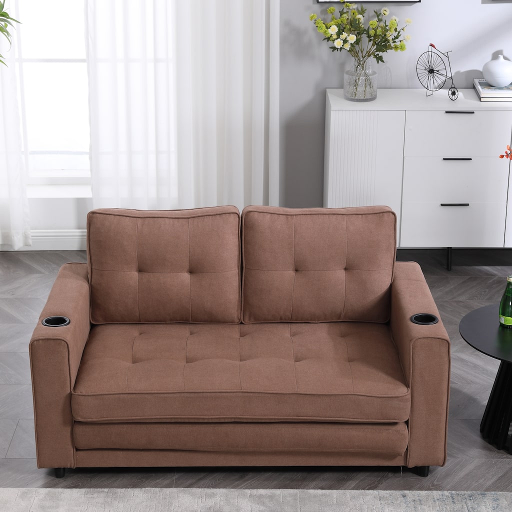 3-in-1 Folding Convertible Futon Sofa Bed, Tufted Upholstered Loveseat with Side Pockets, Couch Settee with Cup Holder