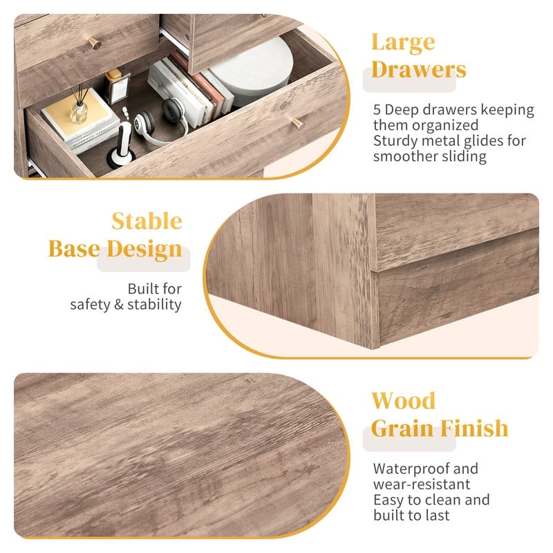 5-Drawer Dresser For Bedroom And Chest Of Drawers With Sturdy Construction Wood Storage Organizer For Closet