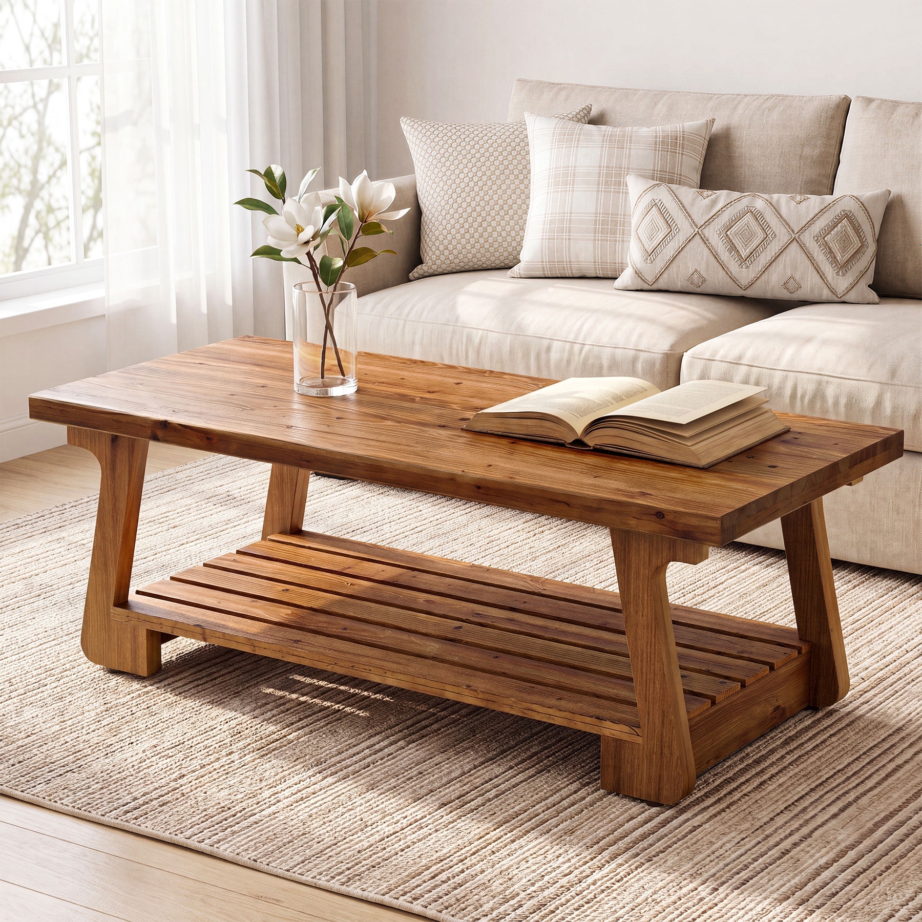 Solid Wood Coffee Table with 2-Tier Storage Shelves