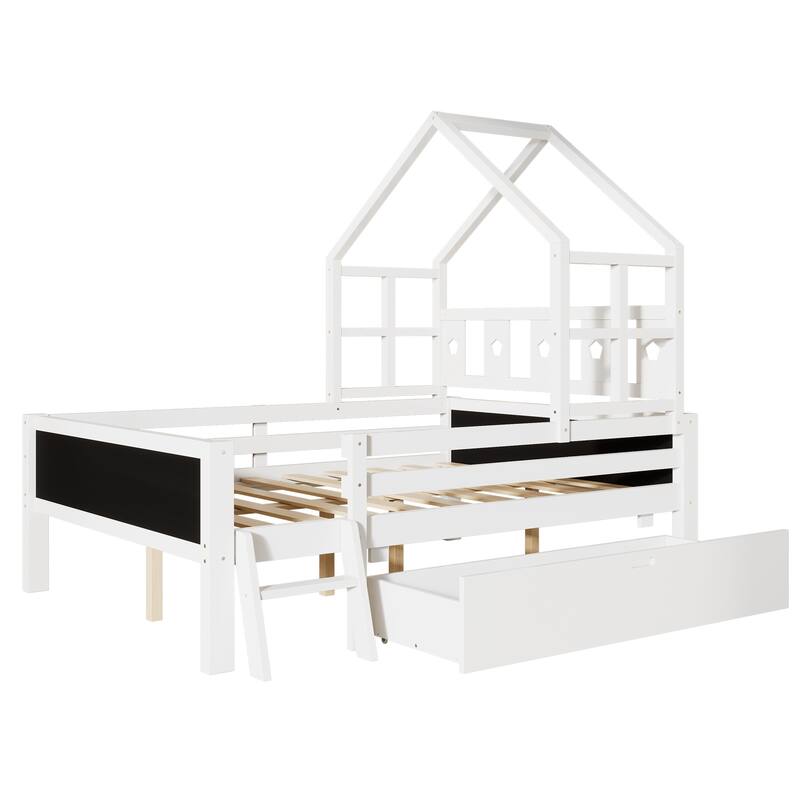 Roomfitters Size House Bed with Ladder and Storage Drawers, Solid Wood Platform Bed Frame with Blackboard Design, White