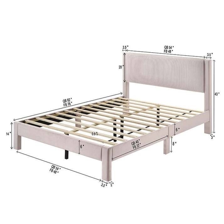 Queen Size Upholstered Platform Bed with Ribbed Headboard and Low-Profile Frame