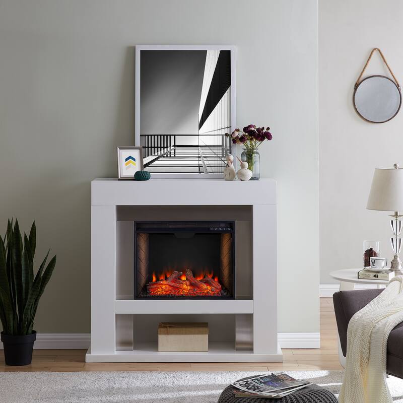 SEI Furniture Larry Industrial White Electric Fireplace - Brick Accent Firebox