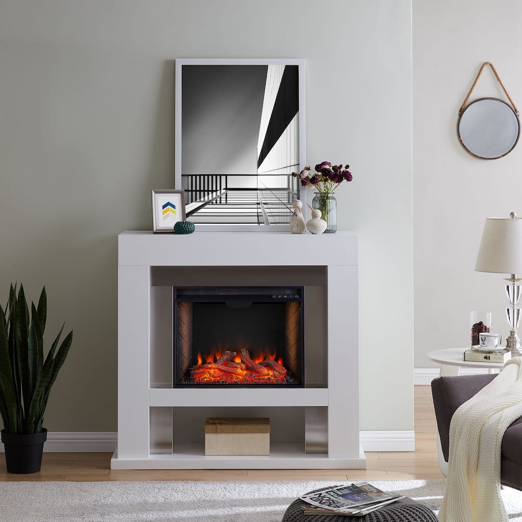 SEI Furniture Lirrington Criss-Cross Electric Stainless Steel Fireplace - 14"W x 40"D x 44"H