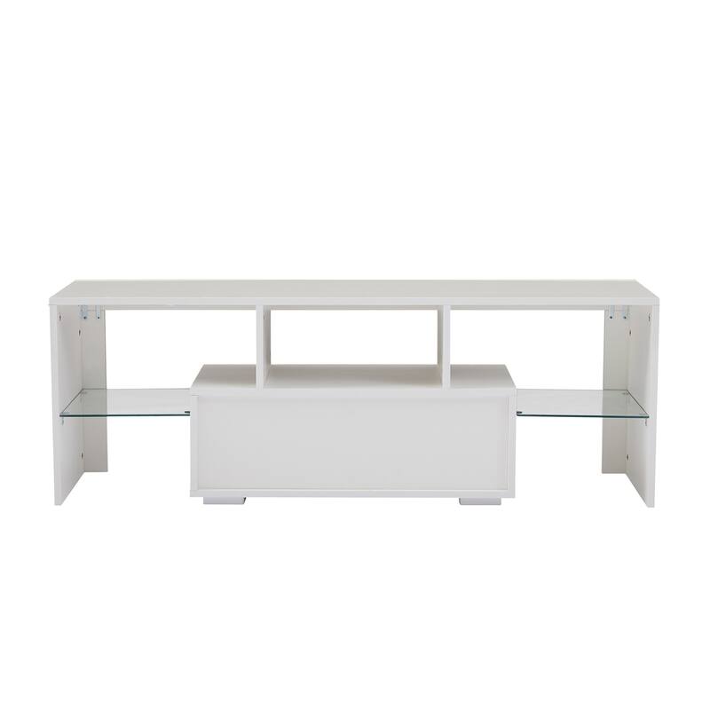 GDF Studio - Modern White Particle Board TV Stand with LED Light Belt and Glass Shelf